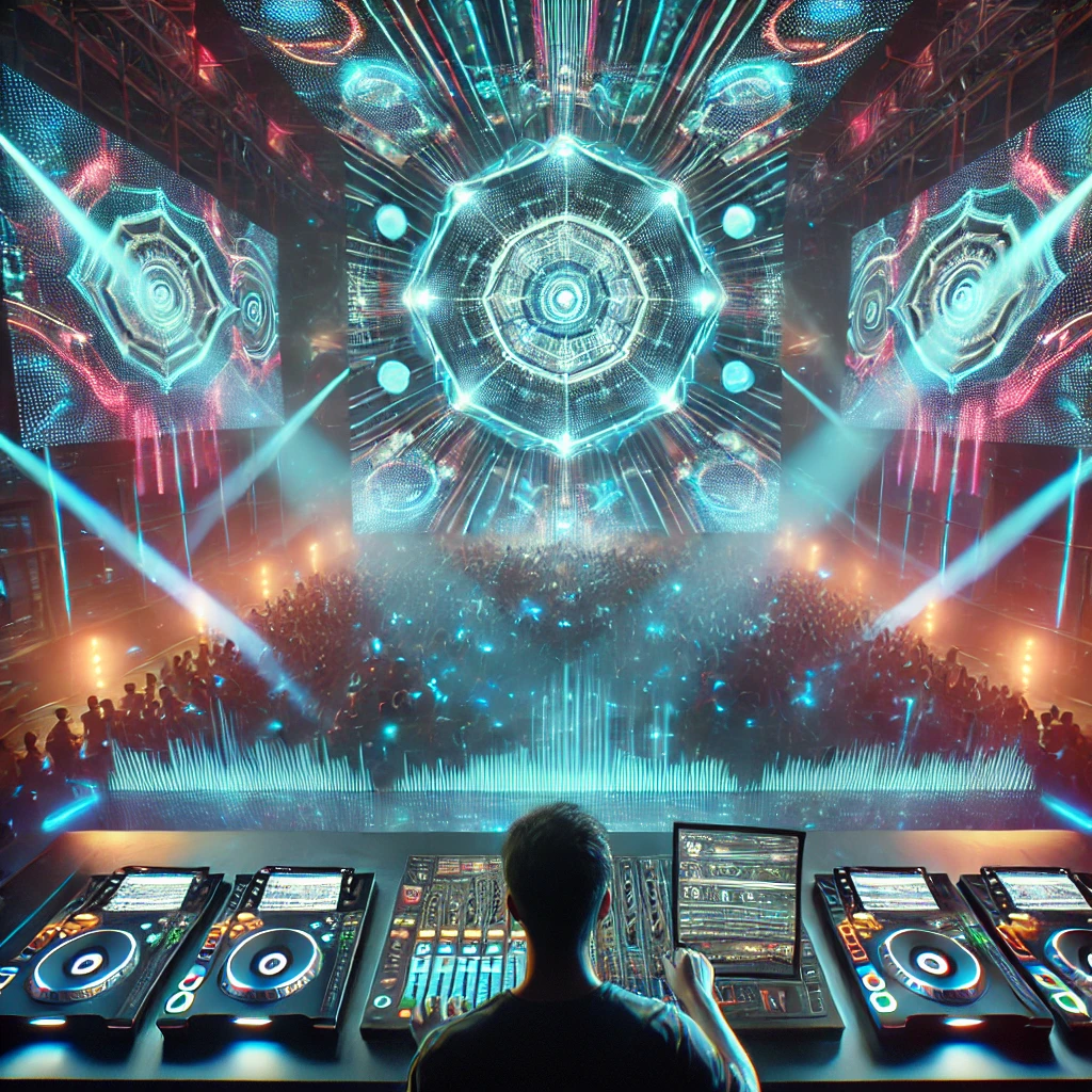 "Seorang Video Jockey (VJ) menampilkan visual live di layar LED besar dalam sebuah event musik. VJ menggunakan mixing console digital dengan efek holografik dan cahaya neon yang sinkron dengan musik, menciptakan pengalaman visual yang imersif bagi penonton."