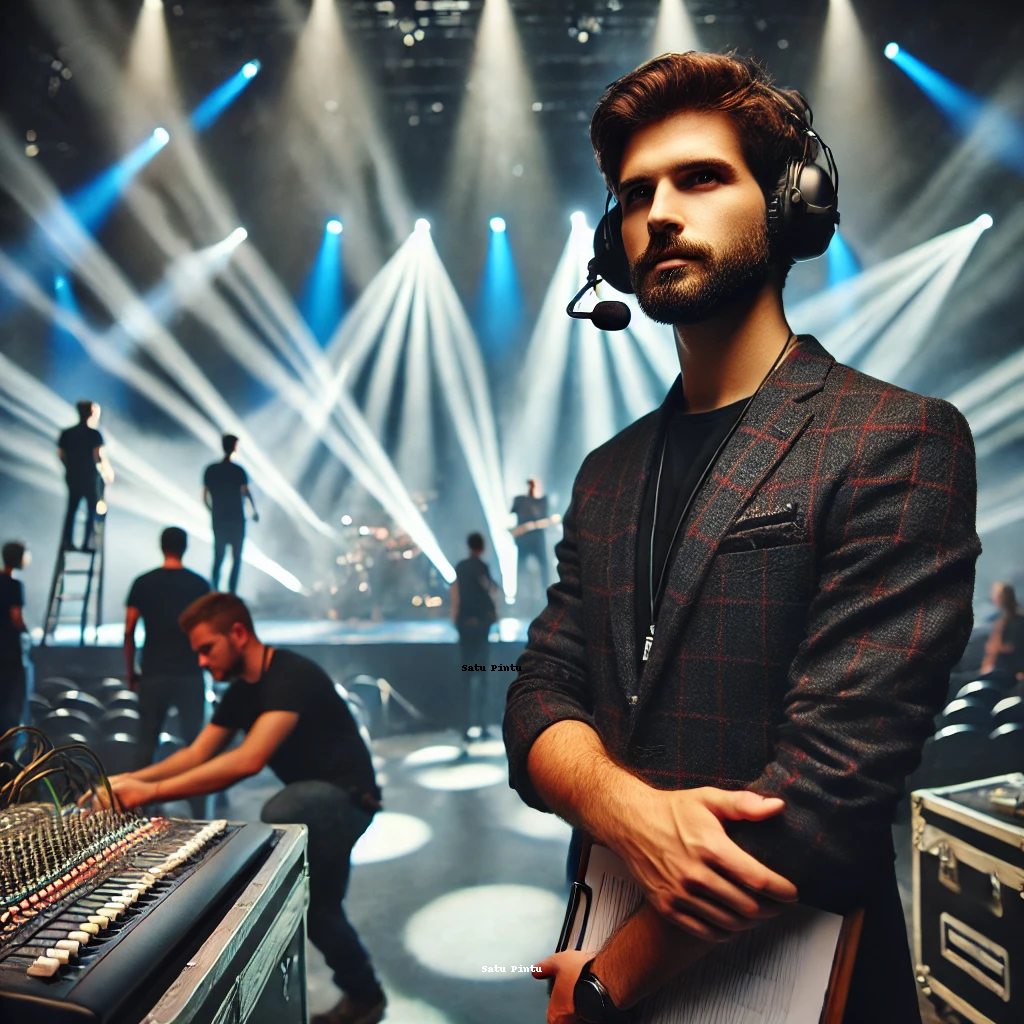 Seorang Show Director profesional berdiri di sebuah venue konser besar, mengenakan headset dan membawa clipboard, mengawasi persiapan panggung dengan kru yang bekerja di sekitarnya. Di latar belakang, terdapat pencahayaan panggung yang terang serta suasana dinamis dengan penonton yang menunggu pertunjukan dimulai.