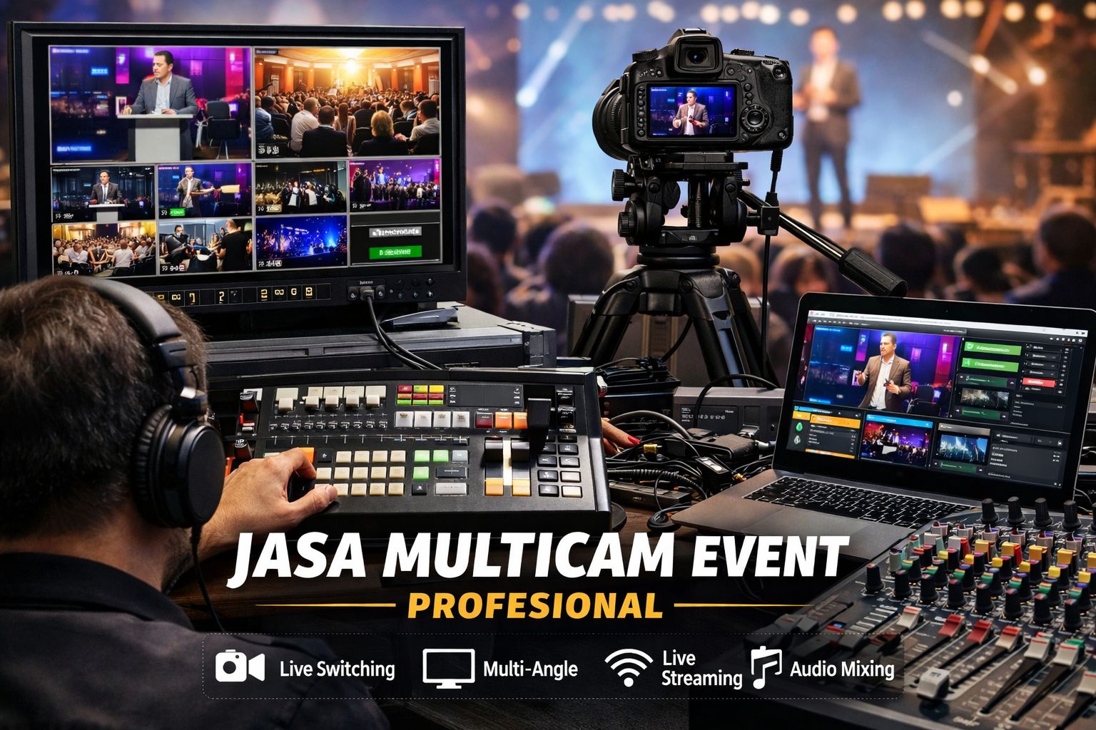 Jasa multicam event profesional dengan sistem multi camera, live switching, dan audio mixing untuk seminar dan acara corporate