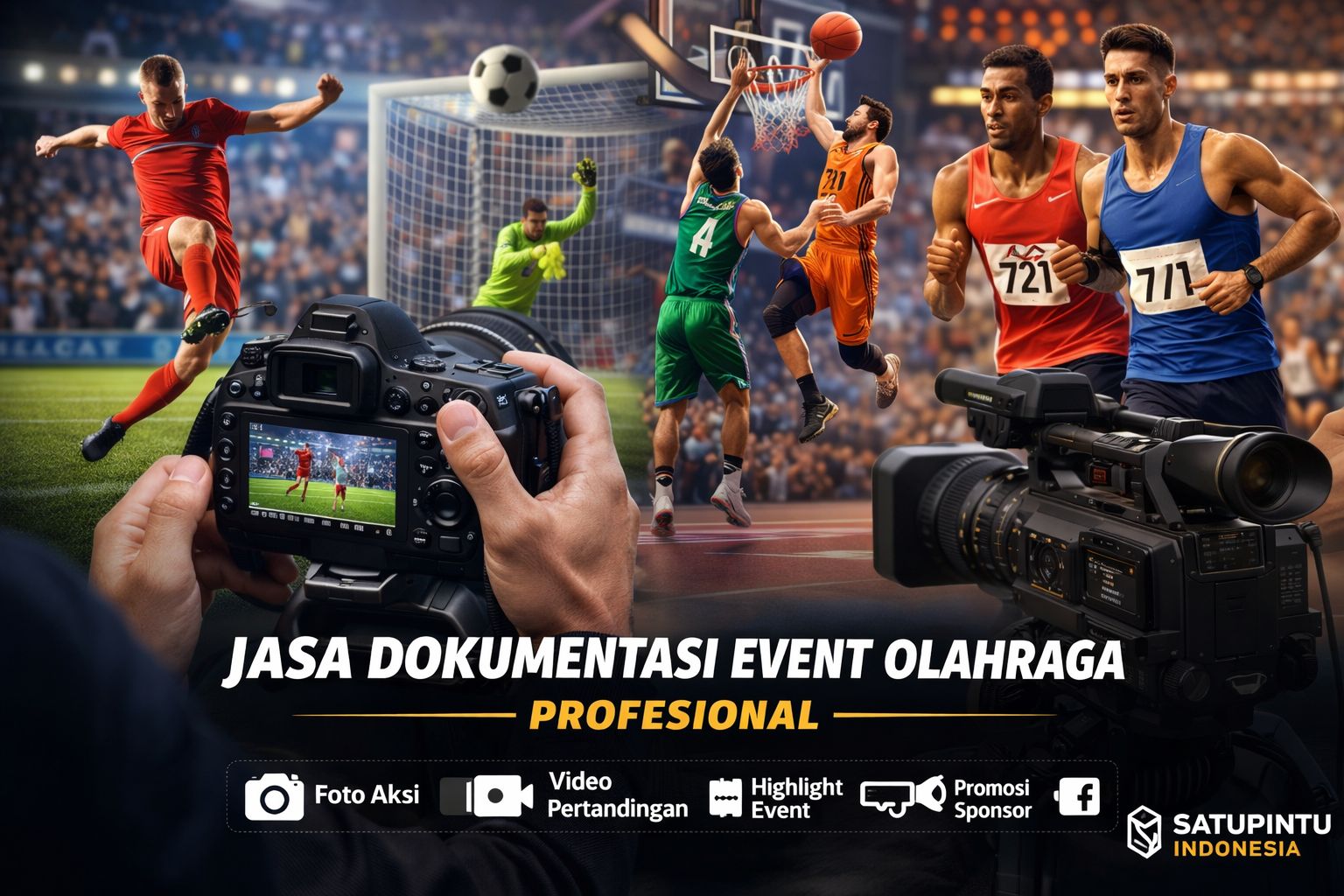Jasa dokumentasi event olahraga profesional oleh Satu Pintu Indonesia untuk foto aksi, video pertandingan, dan highlight event