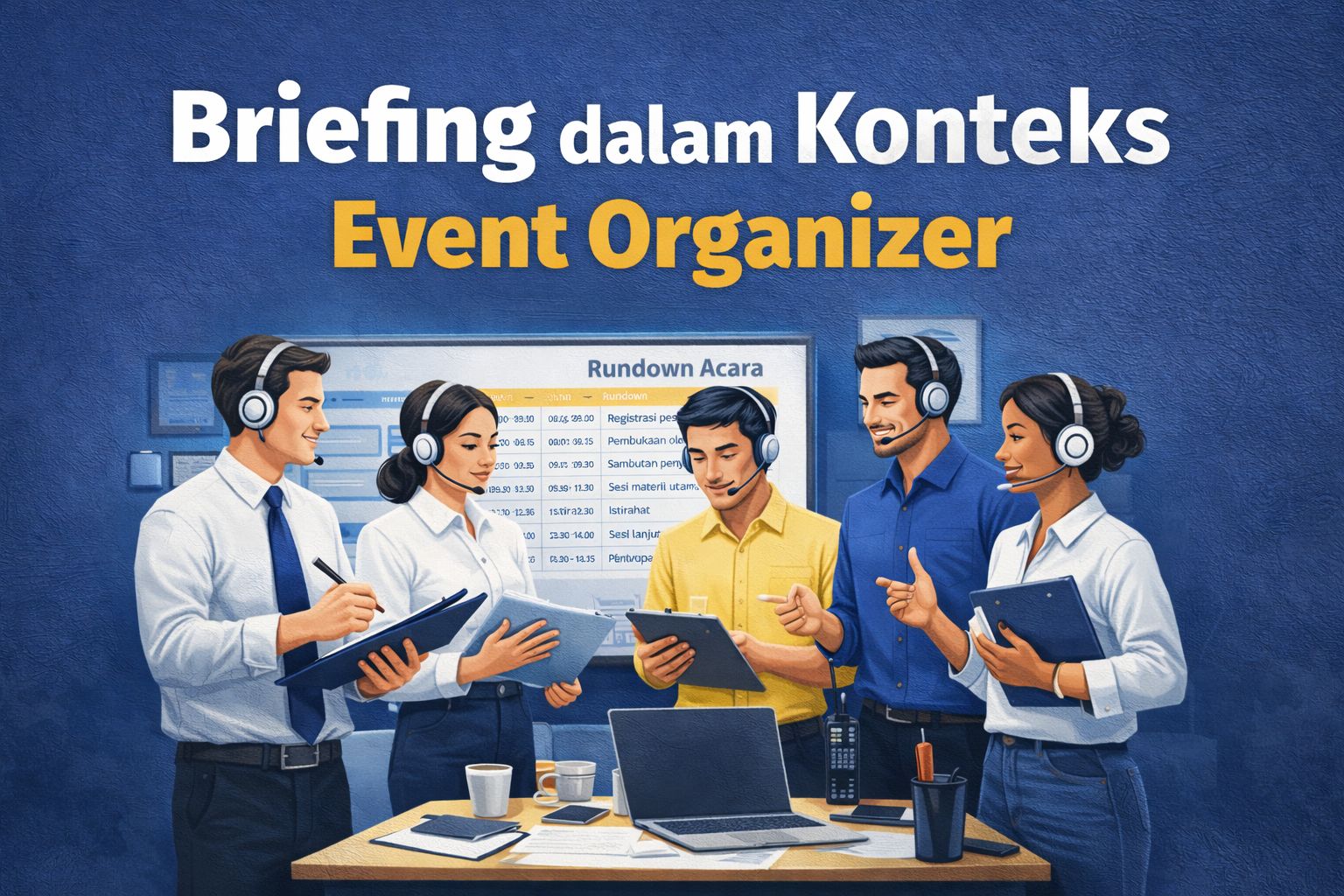 Briefing event organizer dengan tim yang sedang berdiskusi dan menyamakan tugas sebelum acara berlangsung