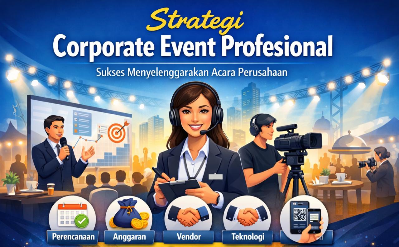 Ilustrasi penyelenggaraan corporate event profesional dengan konsep perencanaan, anggaran, vendor, dan teknologi.