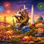"Ilustrasi digital Surabaya dengan landmark ikonik seperti Jembatan Suramadu, Tugu Pahlawan, Masjid Al-Akbar, dan Patung Sura dan Baya, dikelilingi oleh suasana meriah dengan karnaval, ferris wheel, makanan jalanan, dan kembang api di langit senja yang berwarna-warni."