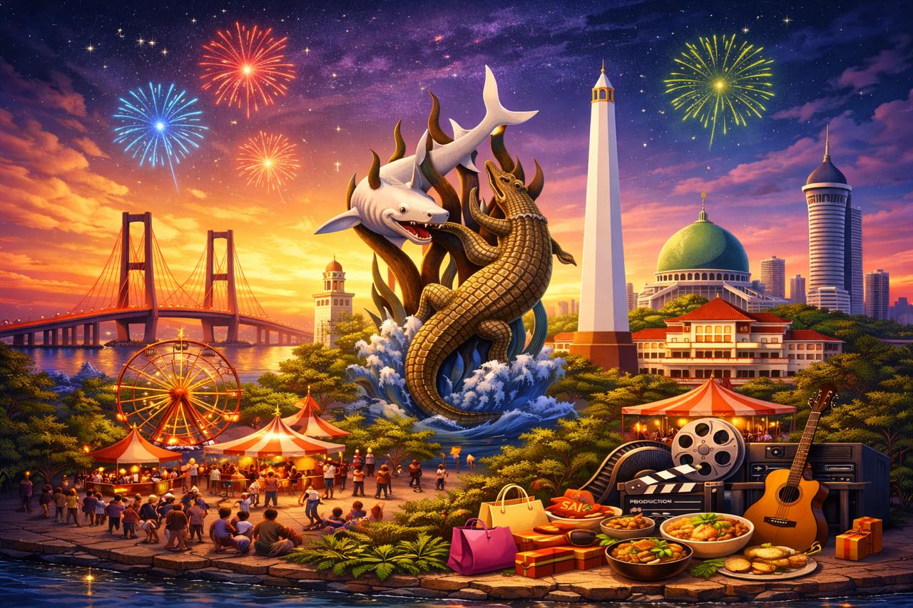 "Ilustrasi digital Surabaya dengan landmark ikonik seperti Jembatan Suramadu, Tugu Pahlawan, Masjid Al-Akbar, dan Patung Sura dan Baya, dikelilingi oleh suasana meriah dengan karnaval, ferris wheel, makanan jalanan, dan kembang api di langit senja yang berwarna-warni."