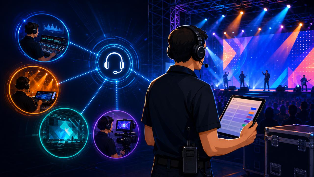 Tim event organizer menggunakan sistem intercom backstage untuk mengoordinasikan show director, stage manager, dan technical crew dalam produksi event live secara real-time.