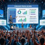 Tim event organizer sedang melakukan evaluasi pasca event dengan menganalisis data, laporan, dan dokumentasi acara di ruang meeting profesional
