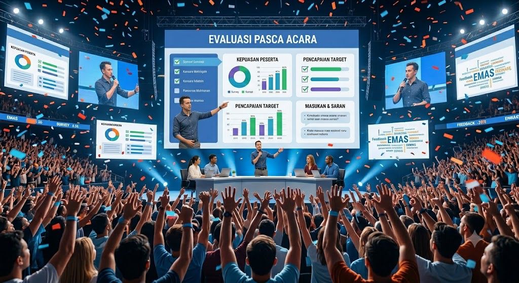 Tim event organizer sedang melakukan evaluasi pasca event dengan menganalisis data, laporan, dan dokumentasi acara di ruang meeting profesional