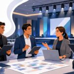 Tim event organizer sedang berdiskusi dan merencanakan acara di depan panggung dengan perlengkapan teknis dan laptop