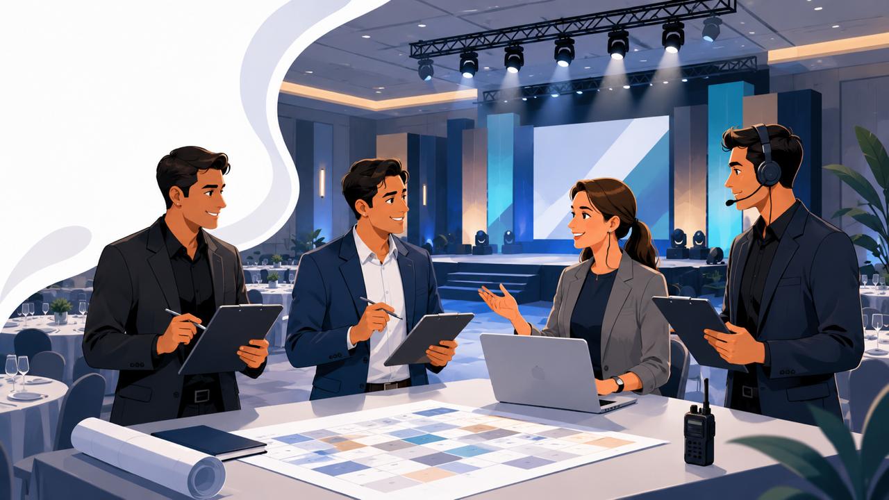 Tim event organizer sedang berdiskusi dan merencanakan acara di depan panggung dengan perlengkapan teknis dan laptop