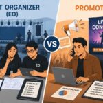 Ilustrasi perbandingan Event Organizer dan promotor, EO fokus pada persiapan acara di backstage, sedangkan promotor fokus pada promosi dan penjualan tiket konser