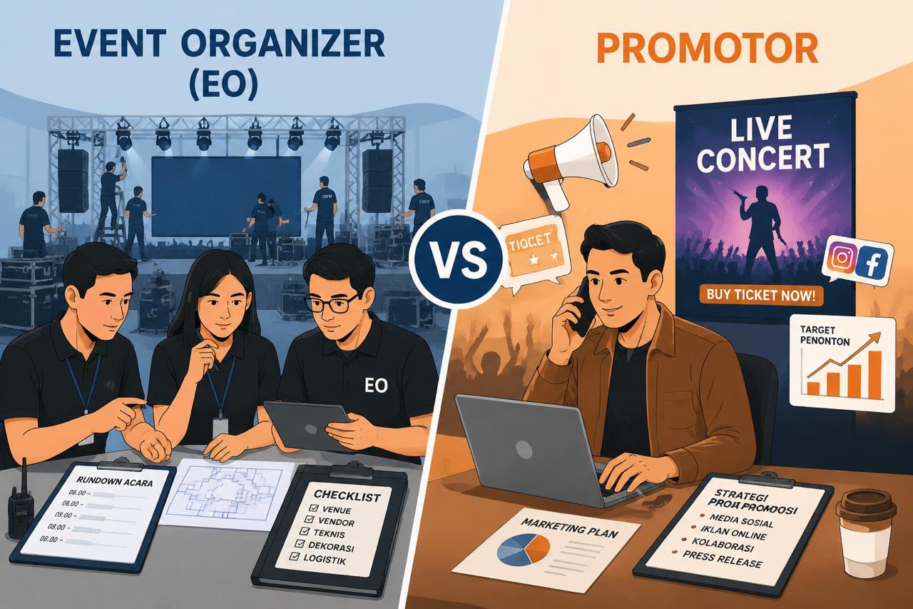 Ilustrasi perbandingan Event Organizer dan promotor, EO fokus pada persiapan acara di backstage, sedangkan promotor fokus pada promosi dan penjualan tiket konser